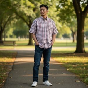 Jos A Bank Shirt Mens  XL Red White Blue Button Up Traveler Shirt Short Sleeve